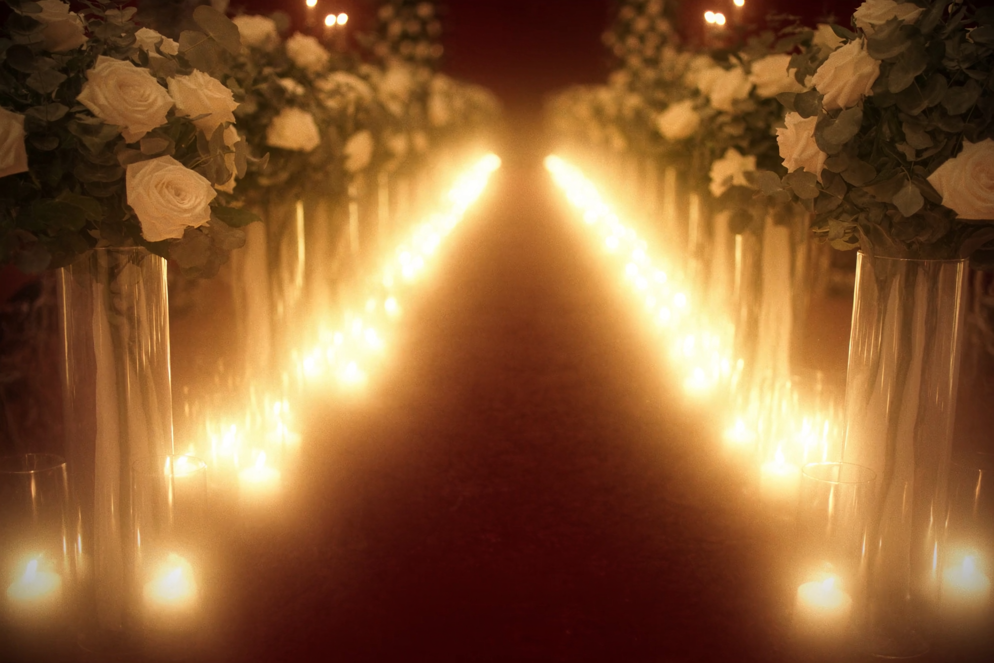 A candlelit wedding aisle